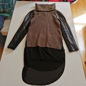 RUDSAK Brown Knit Cowl Neck Sweater with Black Sheer Back & Leather Sleeves